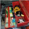 Image 2 : RED TOOLBOX W/ FISHING REELS, FISHING NET, AND ROD