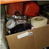 Image 1 : 2 BOXES OF BUILDING SUPPLIES, SAND PAPER, AND MUDDING TOOLS