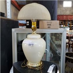 PORCELAIN LAMP W/ GLASS SHADE AND SMILE BULB