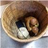 Image 2 : WOVEN RATTAN BASKET WITH SMALL GLOBE, CERAMIC FIGURE AND HEALING CRYSTAL