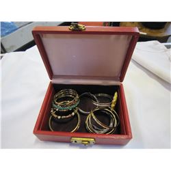 RED JEWELLERY BOX W/ 12 BRACELETS