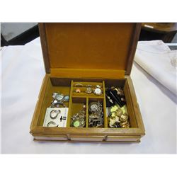 WOODEN JEWELLERY BOX W/ CONTENTS