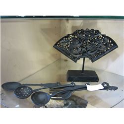 CAST IRON UTENSILS W/ HANGER AND EASTERN DRAGON DECOR