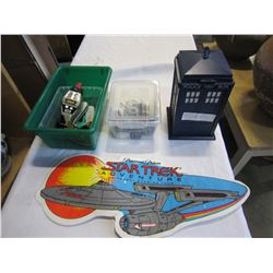 LOT OF STAR TREK STICKERS, FIGURES, PENDANT, AND DR WHO TARDIS BOX