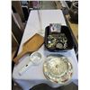 Image 1 : BLACK TOTE OF ESTATE COLLECTIBLES W/ JOHNIE WALKER MIRROR AND TEAK SHOVEL