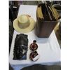 Image 1 : WOOD MASK, 2 CANDLE STICKS, ANTIQUE MAGAZINES, LEATHER MAGAZINE CADDY, AND HAT