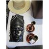 Image 2 : WOOD MASK, 2 CANDLE STICKS, ANTIQUE MAGAZINES, LEATHER MAGAZINE CADDY, AND HAT