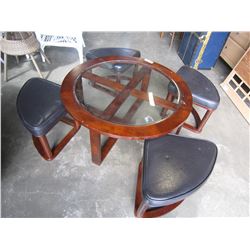 ROUND COFFEE TABLE W/ GLASS AND TUCK IN STOOLS