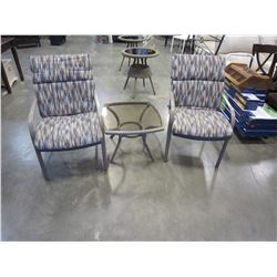 2 METAL PATIO CHAIRS W/ CUSHIONS AND GLASSTOP PATIO ENDTABLE