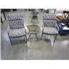 Image 1 : 2 METAL PATIO CHAIRS W/ CUSHIONS AND GLASSTOP PATIO ENDTABLE