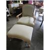 Image 1 : LEARGE PEACH COLORED FABRIC AND WOOD CHAIR W/ FOOT STOOL