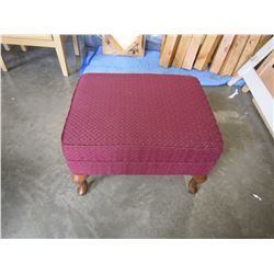RED FABRIC FOOT STOOL W/ WOODEN LEGS