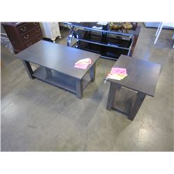 NEW 2 PIECE MAPLE AND PINE CONTEMPORARY DESIGN COFFEE AND ENDTABLE IN GREY7 STAIN, BOTH HAVE SHELF, 
