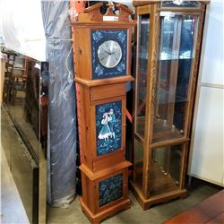 LARGE WOODEN 2 DOOR WORKING STAND UP CLOCK W/ PAINTED PICTURES