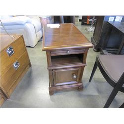 ASHLEY FLOOR MODEL CHAIR SIDE ENDTABLE WITH DOOR AND PULL OUT TRAY, RETAIL $449