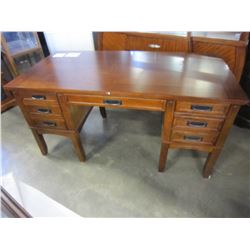 ASHLEY FLOOR MODEL MISSION OAK STYLE EXECUTIVE DESK, MINOR COSMETIC DAMAGE, ONE LEG NEEDS REPAIR, RE