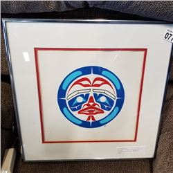 ORIGINAL SIGNED PAINTED NATIVE SUN MASK PAINTING IN METAL FRAME