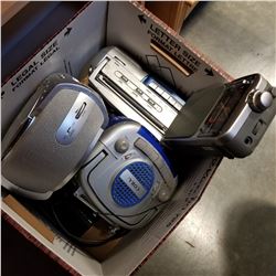 BANKERS BOX OF ESTATES ITEMS, LOT OF CLOCK RADIOS, AND CD PLAYERS