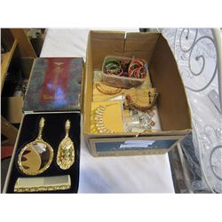 BOX OF RHINESTONE AND OTHER JEWELLERY AND NEW CROWN COURT VANITY SET