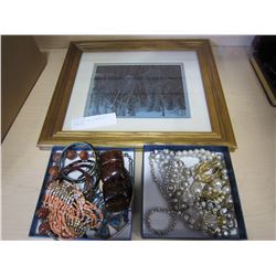 WOLF PRINT AND 2 TRAYS OF JEWELLERY