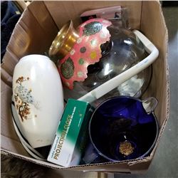 BOX LOT OF ESTATE ITEMS PEACOCK BRASS BOWL, EASTERN VASE, ETC