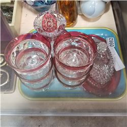 LOT OF CUT CRANBERRY GLASS SERVING PIECES AND CUPS