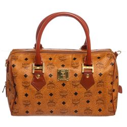 MCM Cognac Visetos Coated Canvas Leather Trim Vintage Boston Bag