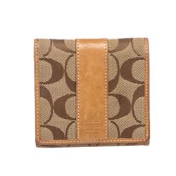 Coach Brown Beige Monogram Canvas Tan Leather Trim Small Wallet