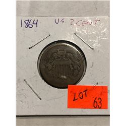 1864 US 2 Cent Piece 1st Year 2 Cent Coin