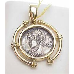 14kt yellow gold bezel with replica ancient coin