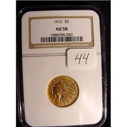 1912 $5.00 Indian Head Gold Coin  NGC  AU 58