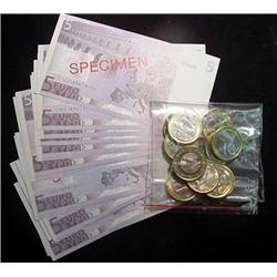 (20) 5 Euro Specimen Currency w/ Assorted Coins