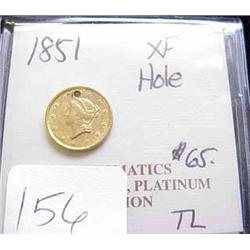 1851 $1.00 Liberty Gold Coin  XF  small hole