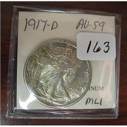 1917-D Walking Liberty Half Dollar  AU 59