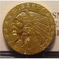 1911 $5.00 Indian Head Gold Coin  AU 58