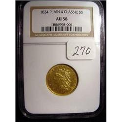 1834 Classic $5.00 Gold Coin  Plain 4   NGC  AU 5