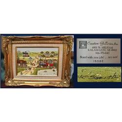 Nicely framed painted scene of a country fair by 