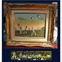 Nicely framed painted scene of children flying ki