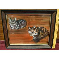 Small framed painting of two cats under glass.  F