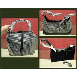 Brown corduroy handbag and a black and white chec