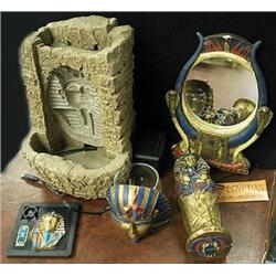 Lot of Egyptian decorative items including a foun