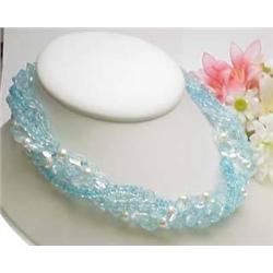 Aquamarine and pearl bead necklace 14kt yellow go