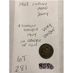 Very Unique 1903 Indian Head Penny Stamped on Obverse 1904