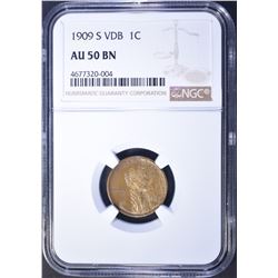 1909-S VDB LINCOLN CENT, NGC AU-50 BN