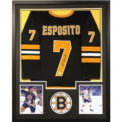 Phil Esposito Signed Bruins 35x43 Custom Framed Jersey (JSA COA)