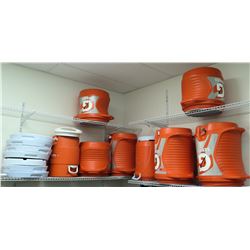 Qty 8 Large Orange Gatorade Coolers Dispensers w/ Lids