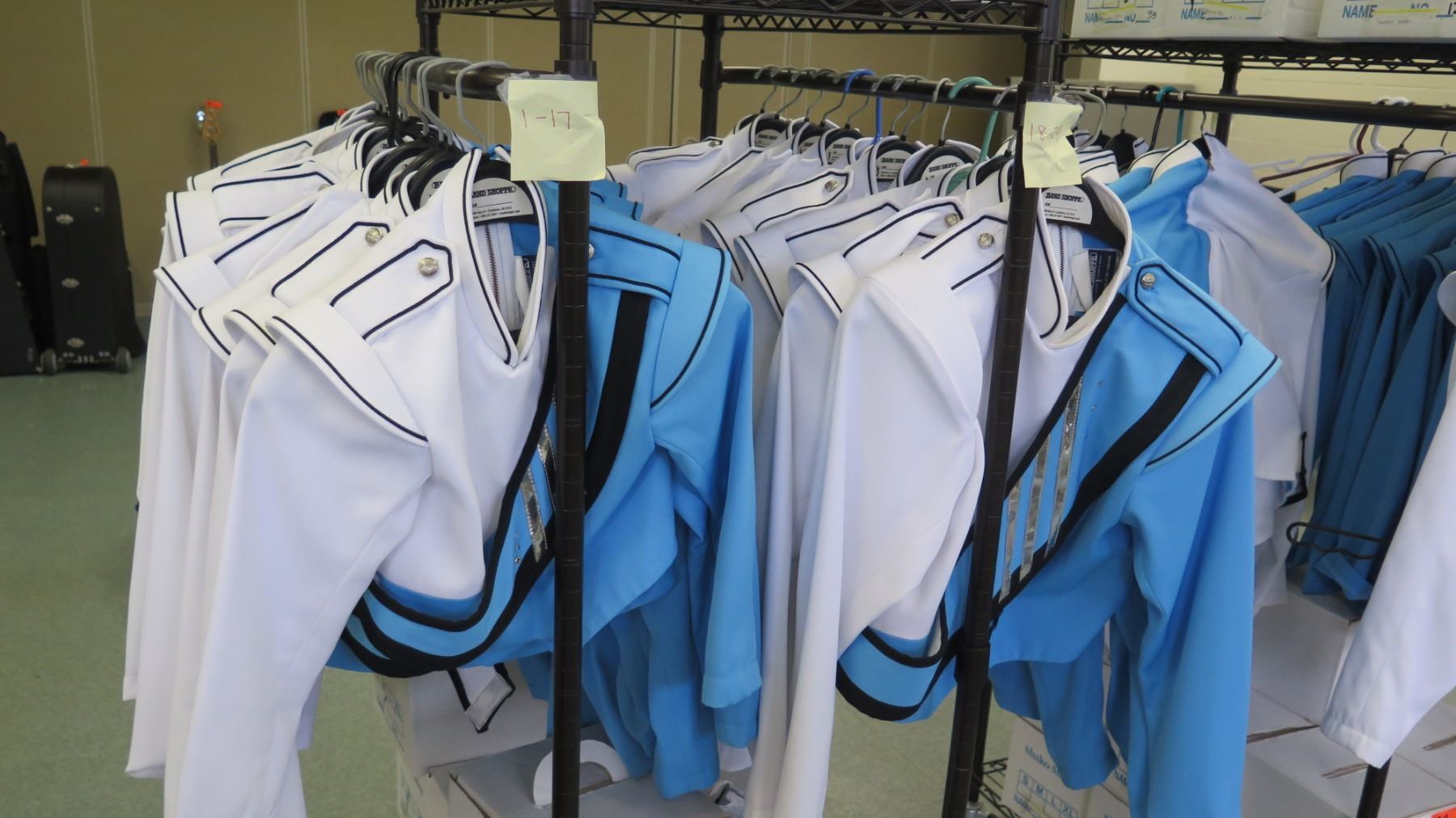 Rolling Racks w/ Marching Band Uniforms (approx. 49) & Hats (approx 48 ...