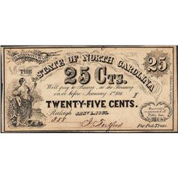 1863 State of North Carolina Twenty Five Cents Obsolete Note