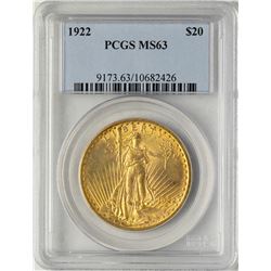 1922 $20 St. Gaudens Double Eagle Gold Coin PCGS MS63
