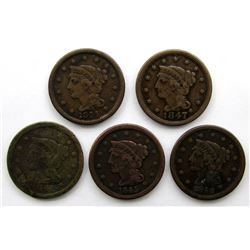 5- LARGE CENTS- 1844, 1845, 1846, 1847, 1848